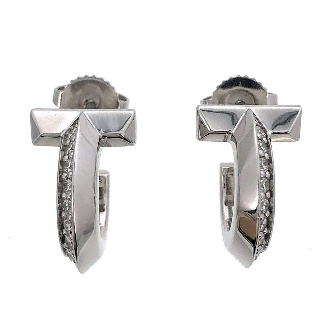 Tiffany&Co.□Tワン フープ ピアス 69783031 K18 750 WG ホワイト