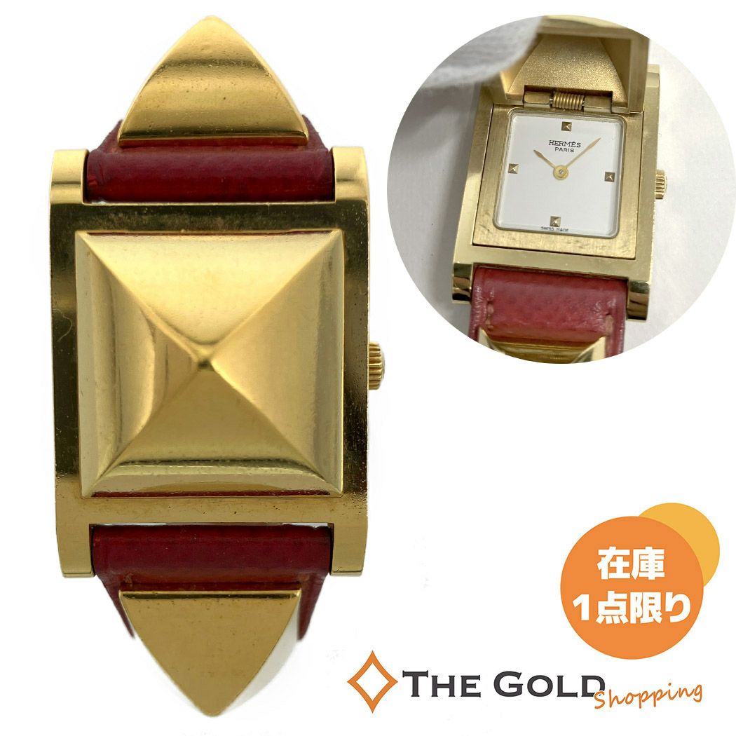 HERMES メドール ME1.210 電池交換済 クォーツ レッド GP ブレスレット