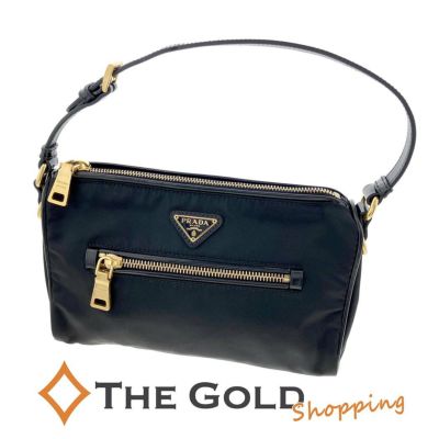 特別価格　美品　PRADA プラダ　ゴールドロゴ　リボン　紺　ファスナー プラダ PRADA Re-Nylon ポーチ 1NE545 ブラック ナイロン レザー